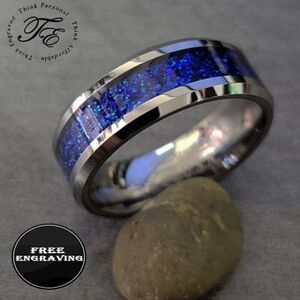 Engraved Mens Blue galaxy Opal Tungsten Ring 